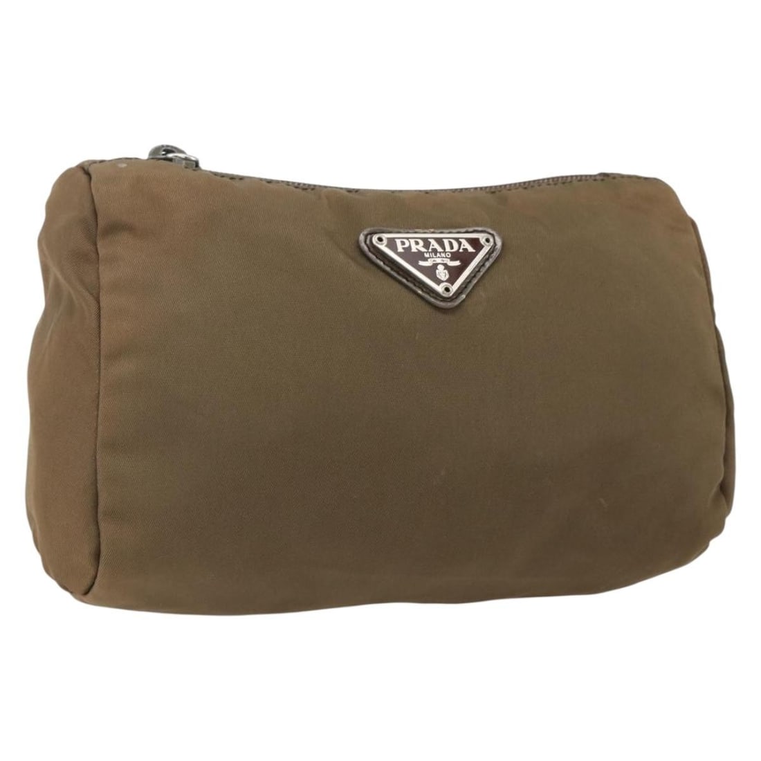 Brown Nylon Pouch by Prada Silver Accents Italy: Brown Nylon Pouch by Prada Silver Accents Italy This Prada pouch is crafted from brown and silver nylon and was made in Italy. It features a compact design with approximate dimensions of 7.9 inches in