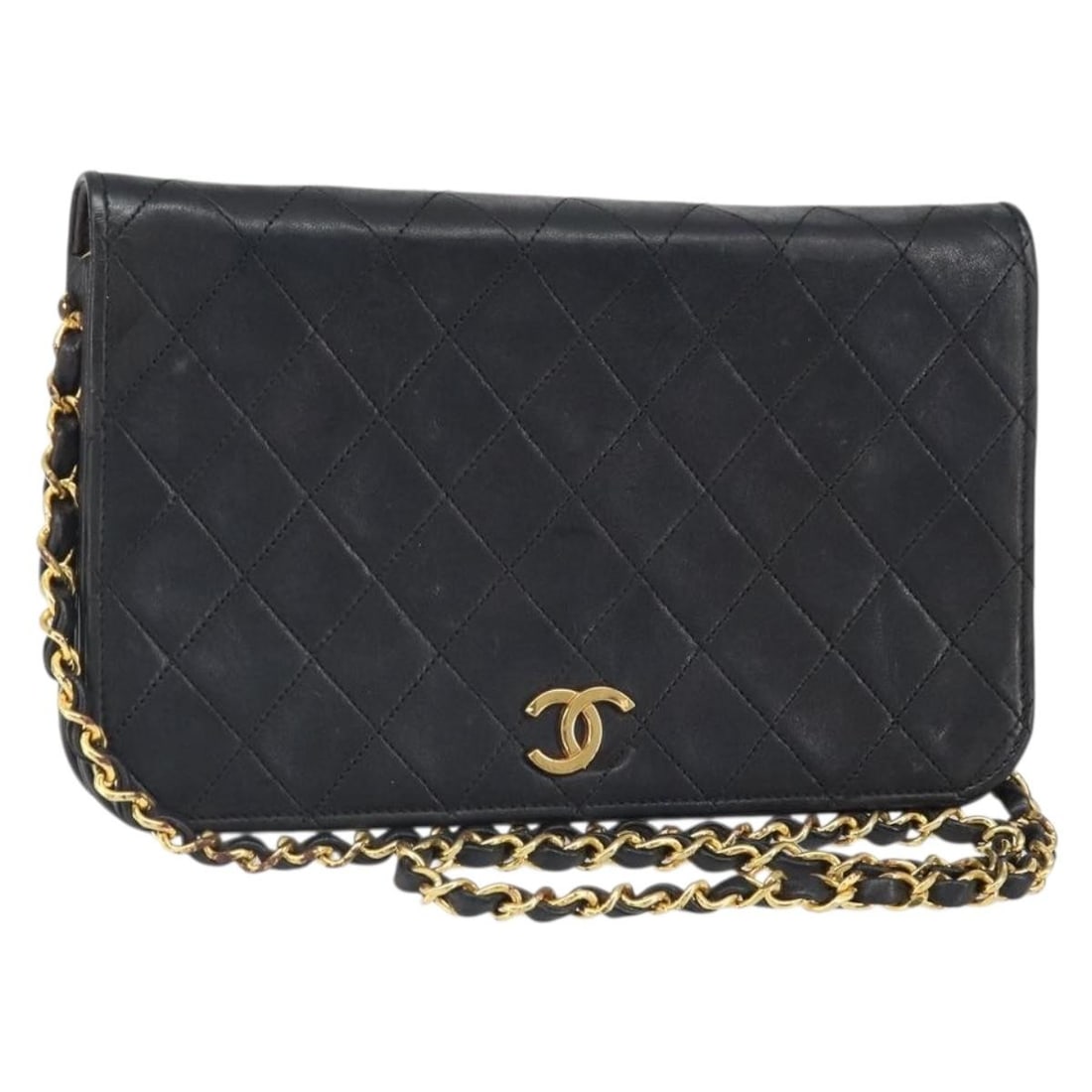 CHANEL Black Lambskin Matelasse Shoulder Bag with Gold Chain and CC Logo: CHANEL Black Lambskin Matelasse Shoulder Bag with Gold Chain and CC Logo This CHANEL Matelasse chain shoulder bag is crafted from black lambskin leather with gold-tone accents. Designed for women, it