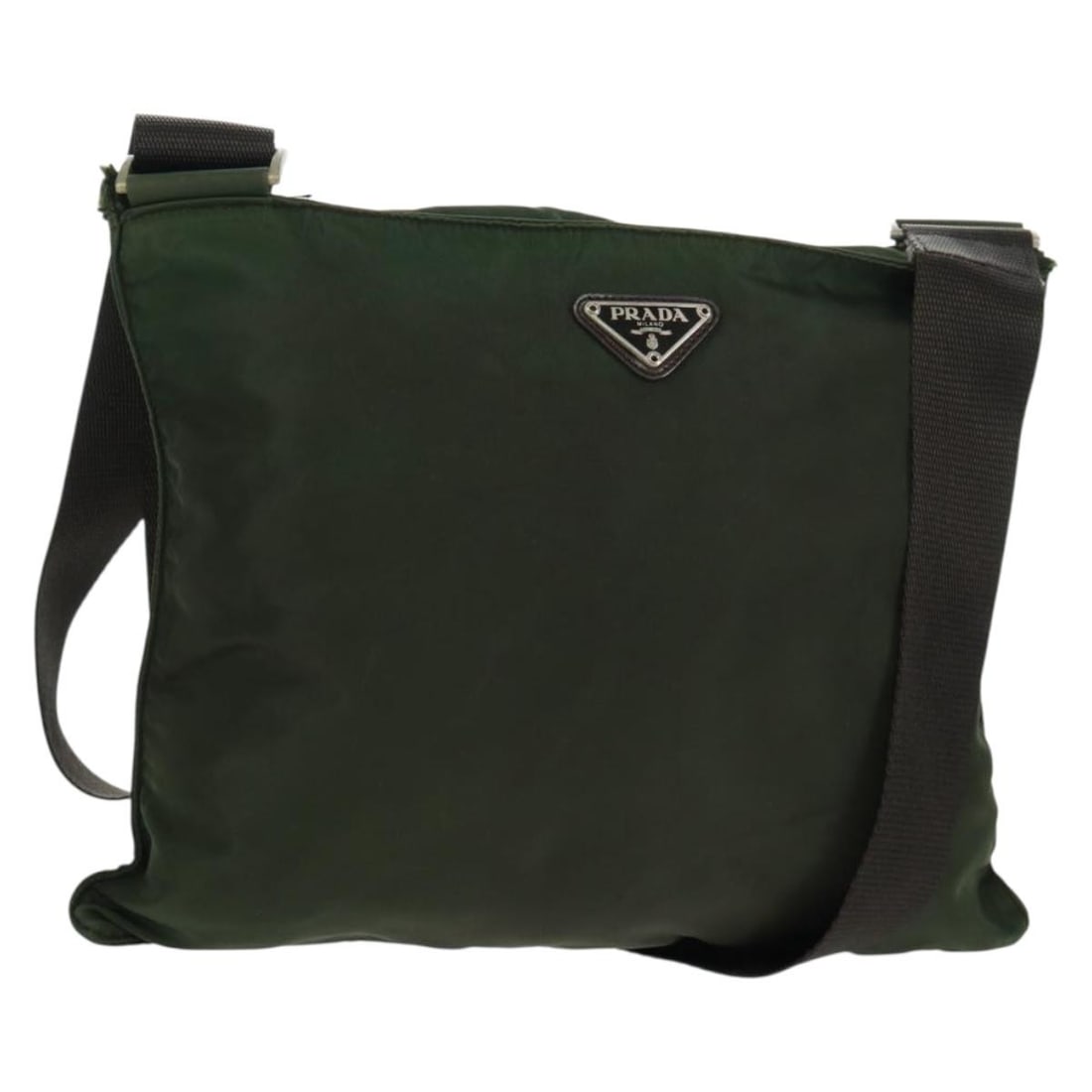 Prada Khaki Nylon Shoulder Bag with Silver Accents Made in Italy: Prada Khaki Nylon Shoulder Bag with Silver Accents Made in Italy This PRADA shoulder bag is crafted from khaki nylon with silver-tone accents. Made in Italy, it features a spacious design with adjusta