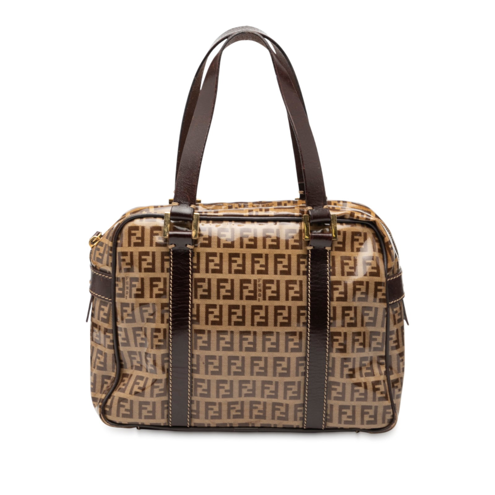 Fendi Zucchino Crystal Coated Canvas Brown Shoulder Bag with Leather Trim: Fendi Zucchino Crystal Coated Canvas Brown Shoulder Bag with Leather Trim This Fendi Zucchino Crystal Handbag features a coated canvas exterior with leather trim, flat leather handles, a top zip closu