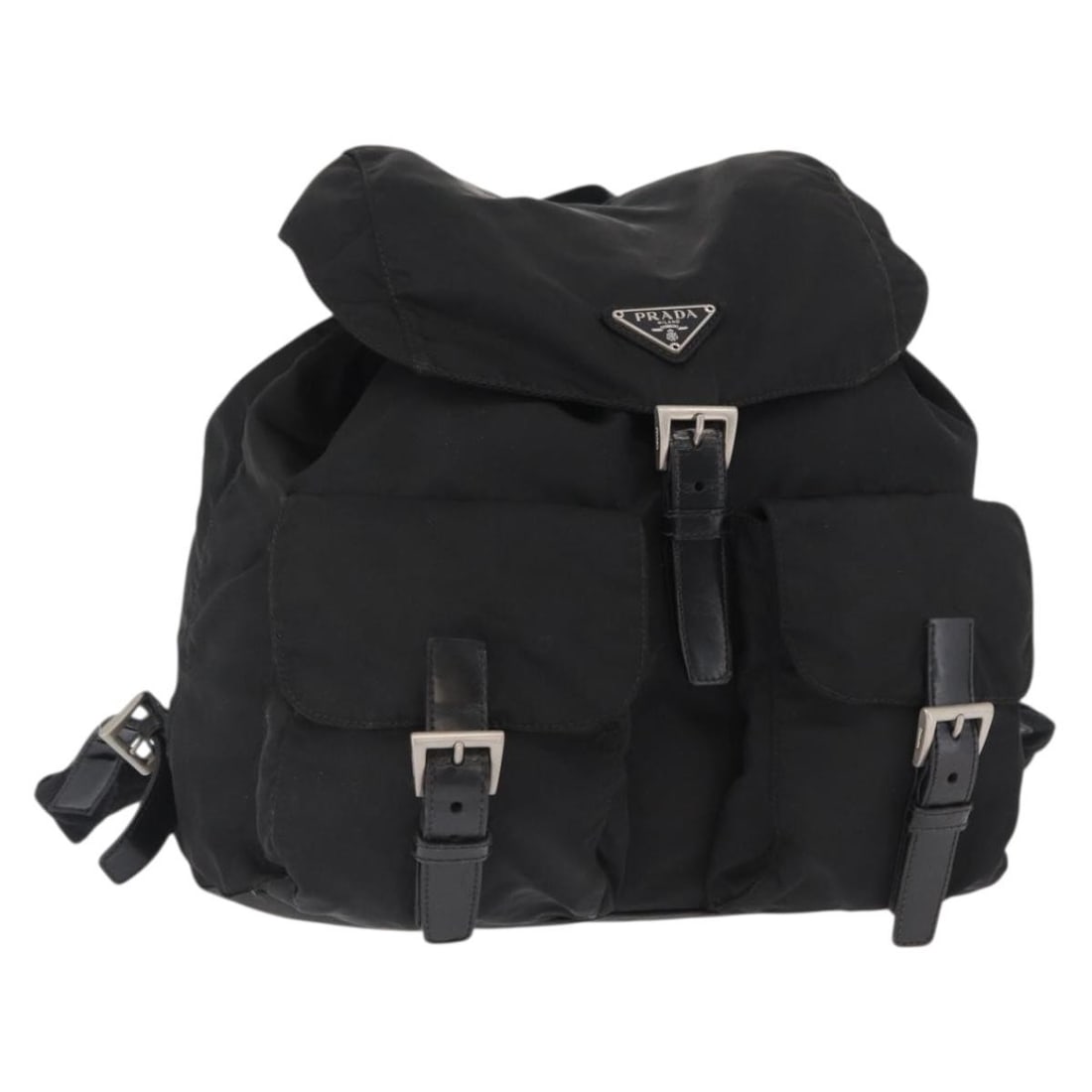 Black Nylon Prada Backpack with Silver Accents Made in Italy: Black Nylon Prada Backpack with Silver Accents Made in Italy This is a PRADA backpack crafted from black nylon with silver-tone accents. The bag features a classic backpack design and was made in Ital