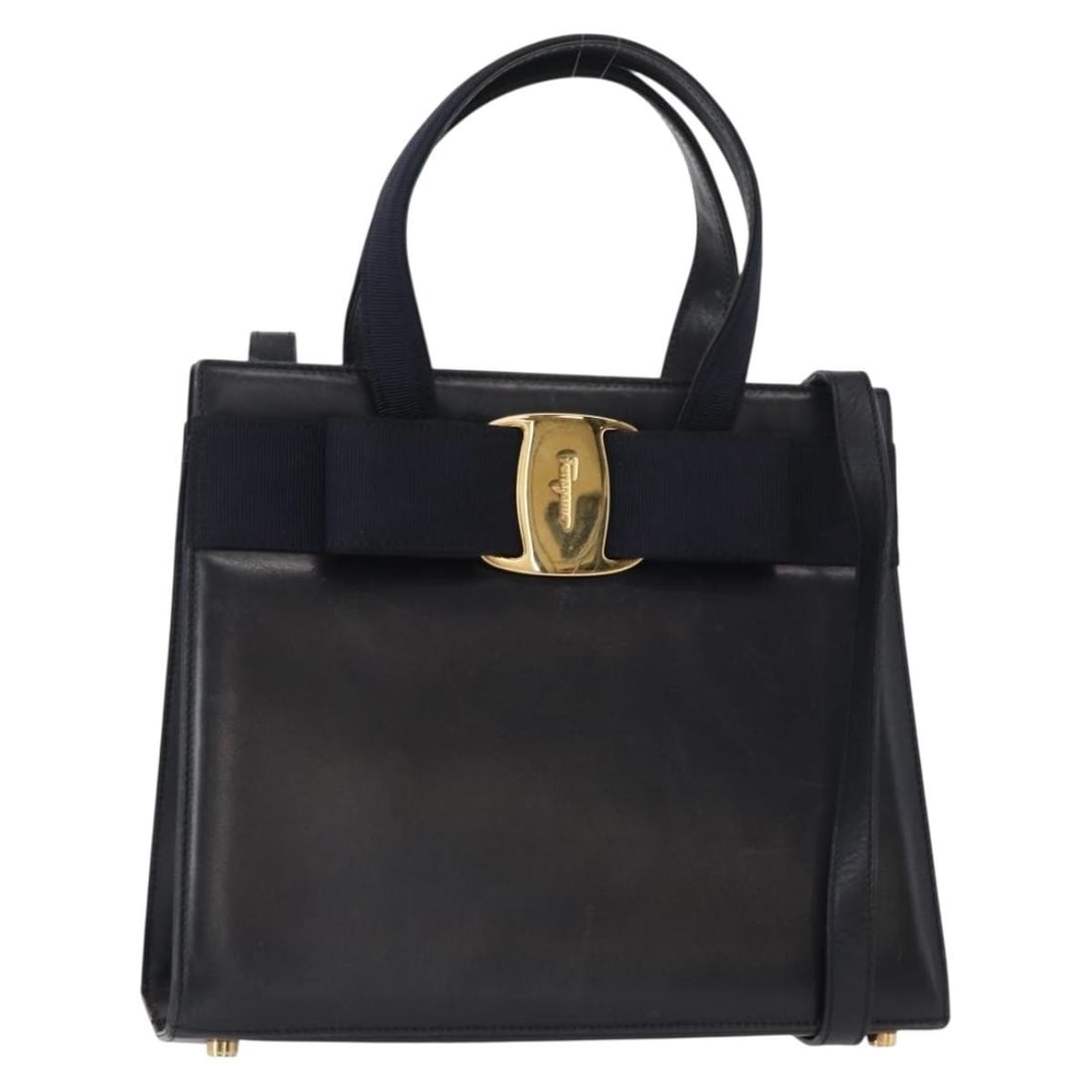 Salvatore Ferragamo Vala Leather Hand Bag Navy Gold Auth BA214178 (1 of 18)