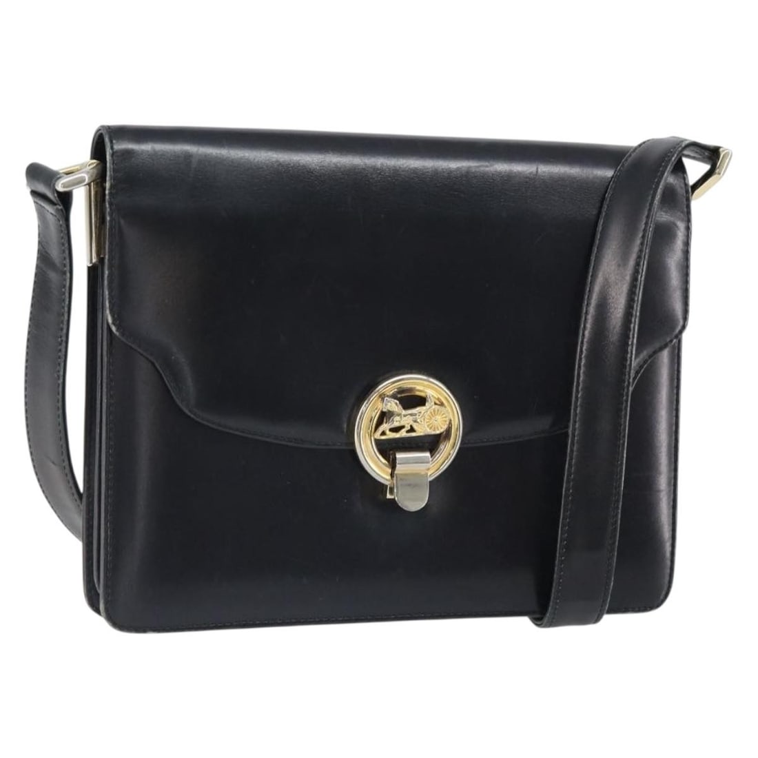 Black Leather CELINE Shoulder Bag Gold Accents Italy Model 166646: Black Leather CELINE Shoulder Bag Gold Accents Italy Model 166646 This is a CELINE shoulder bag crafted from black leather with gold-tone accents. The bag was made in Italy and features a structured s