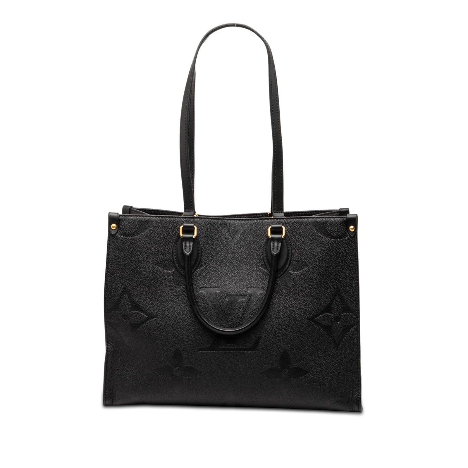 Louis Vuitton Onthego MM Black Monogram Empreinte Leather Shoulder Bag: Louis Vuitton Onthego MM Black Monogram Empreinte Leather Shoulder Bag The Louis Vuitton Monogram Empreinte Onthego MM is crafted from grained, embossed leather and features rolled handles, flat shoul