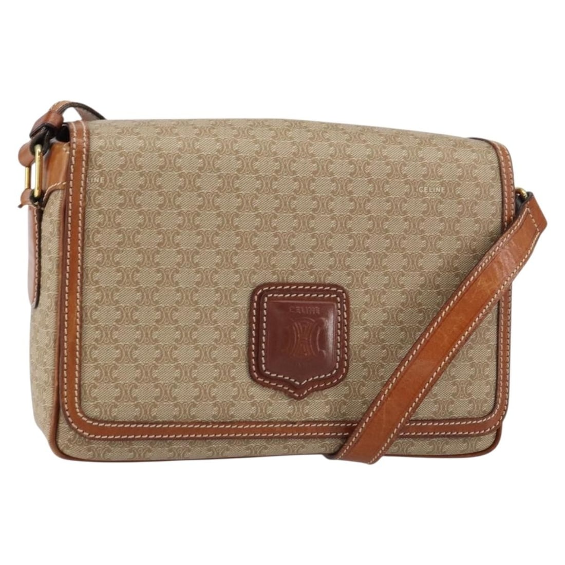 CELINE Macadam Beige Gold PVC Leather Shoulder Bag Auth 156448: CELINE Macadam Beige Gold PVC Leather Shoulder Bag Auth 156448 This CELINE Macadam Canvas Shoulder Bag is a stylish accessory crafted in Italy. Made from high-quality PVC leather and Macadam canvas, i