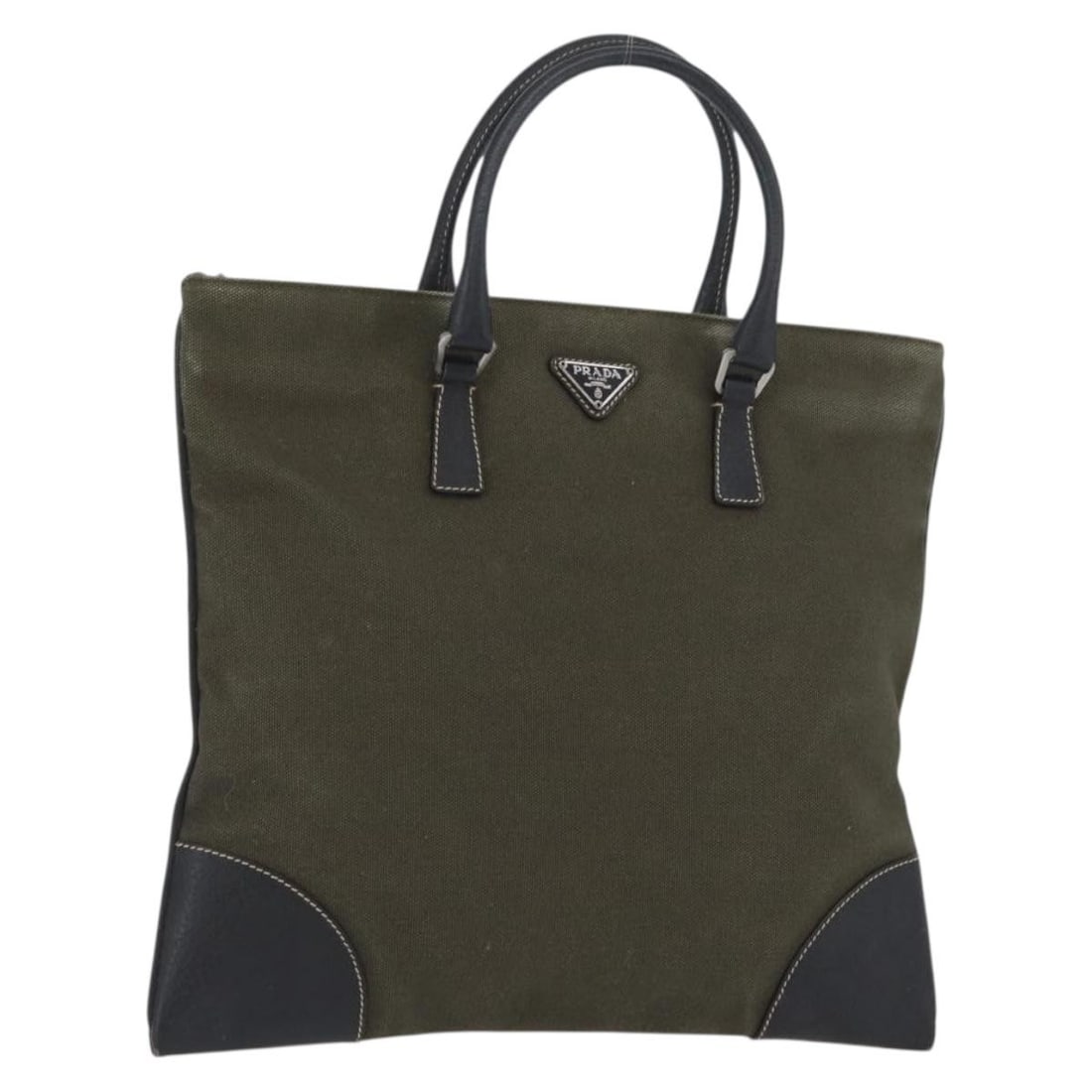 Prada Khaki Canvas and Leather Handbag with Silver Accents (1 of 18)