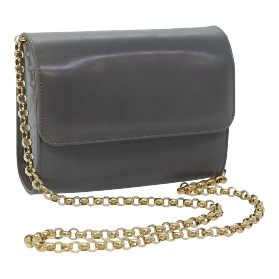 Salvatore Ferragamo Gray Leather Shoulder Bag with Gold Chain Strap: Salvatore Ferragamo Gray Leather Shoulder Bag with Gold Chain Strap This Salvatore Ferragamo shoulder bag is crafted from gray leather with gold-tone accents. Designed for women, it features a chain s