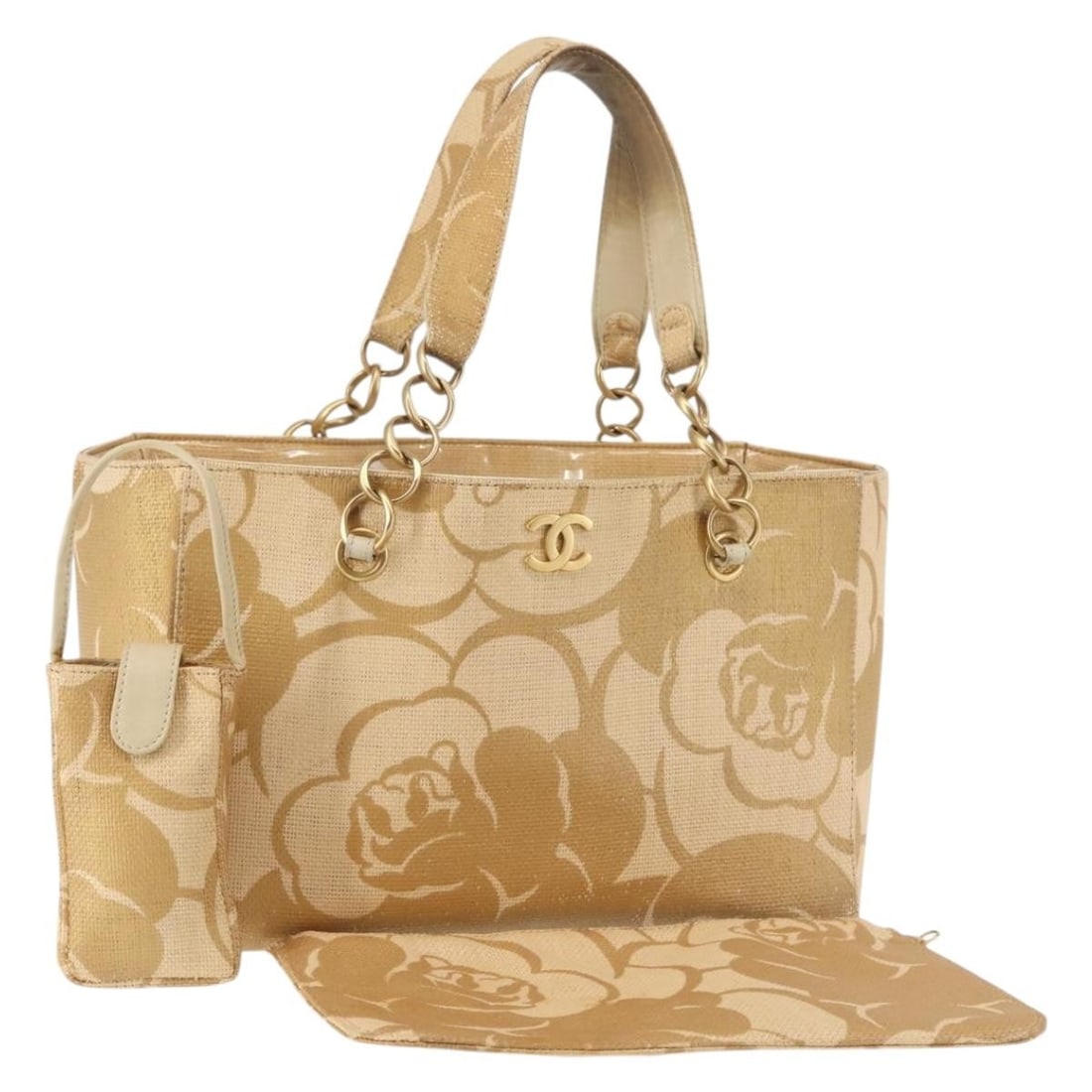 CHANEL Camelia Tote Bag Wood Beige Gold Auth 145323: CHANEL Camelia Tote Bag Wood Beige Gold Auth 145323 This exquisite CHANEL Camelia Tote Bag is crafted from wood, showcasing a stylish beige and gold color combination. Ideal for daily use, it features