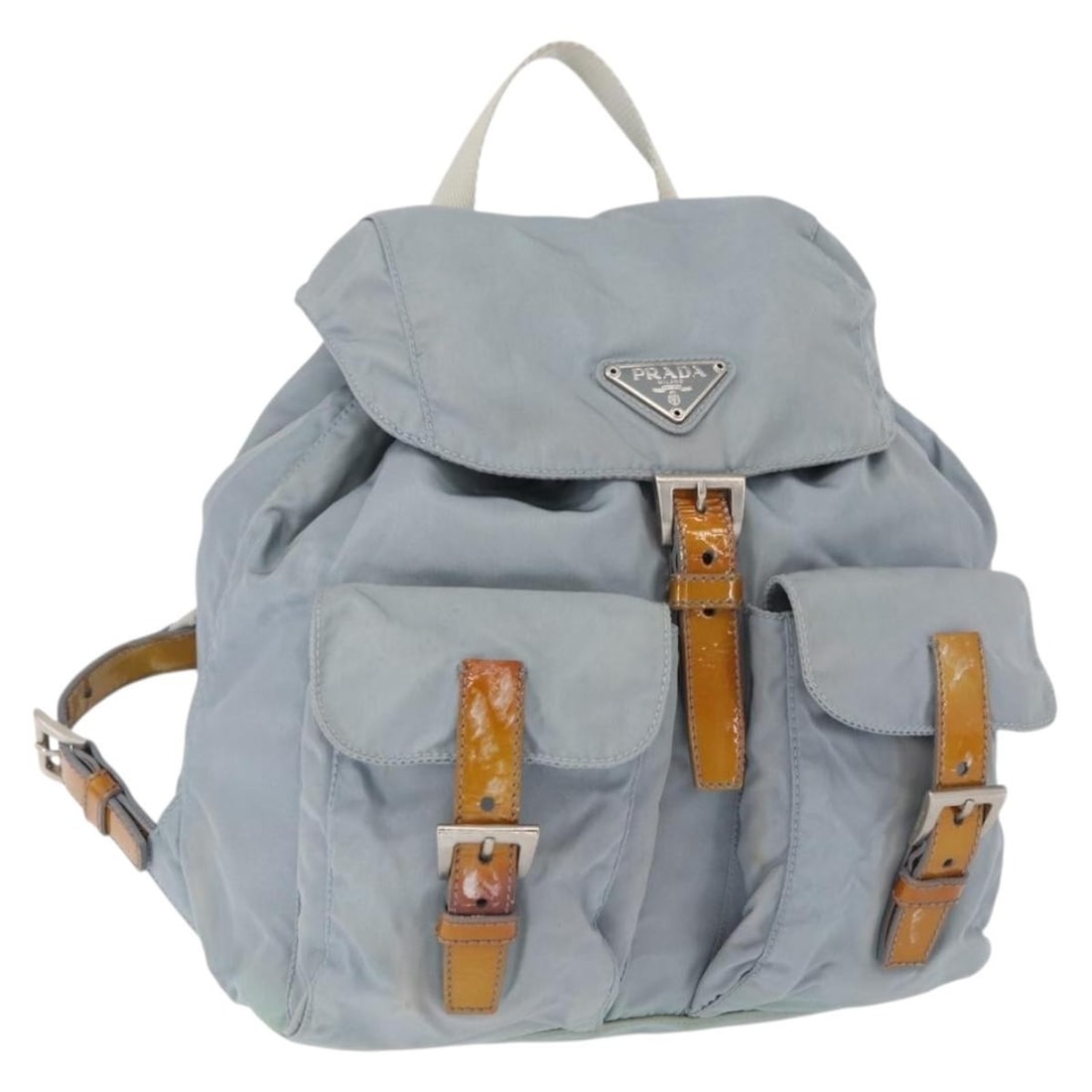 Prada Light Blue Nylon Backpack with Silver Accents Made in Italy: Prada Light Blue Nylon Backpack with Silver Accents Made in Italy This PRADA backpack features a light blue and silver nylon exterior with silver-tone hardware. The backpack is made in Italy and has a