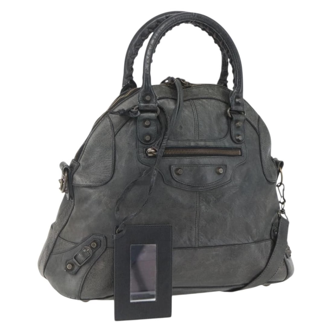 Balenciaga Black Leather Bow Shoulder and Handbag with Strap and Mirror: Balenciaga Black Leather Bow Shoulder and Handbag with Strap and Mirror This Balenciaga Bow hand bag offers versatile 2-way carry options and is crafted from black leather. Designed for women, it feat
