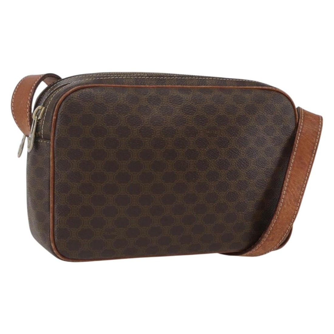 Celine Macadam Brown PVC Canvas Shoulder Purse with Gold Accents: Celine Macadam Brown PVC Canvas Shoulder Purse with Gold Accents This CELINE shoulder bag features the signature Macadam canvas with PVC leather trim in a brown and gold color scheme. Designed and cra