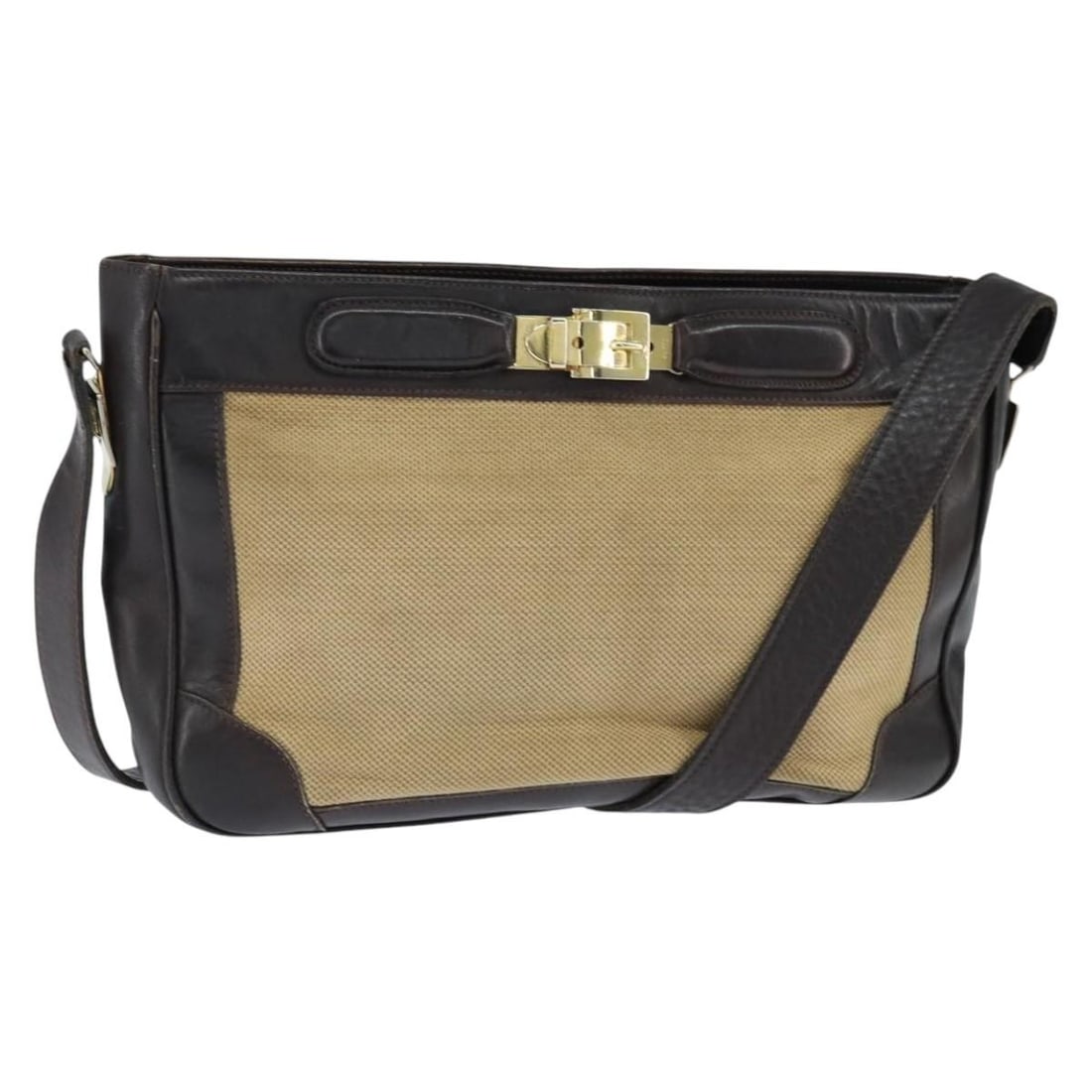 CELINE Beige Gold Canvas Shoulder Bag with Pouch: CELINE Beige Gold Canvas Shoulder Bag with Pouch This Celine shoulder bag combines practicality with elegant design. Crafted in Italy, it features a stylish beige and gold canvas exterior, making it a