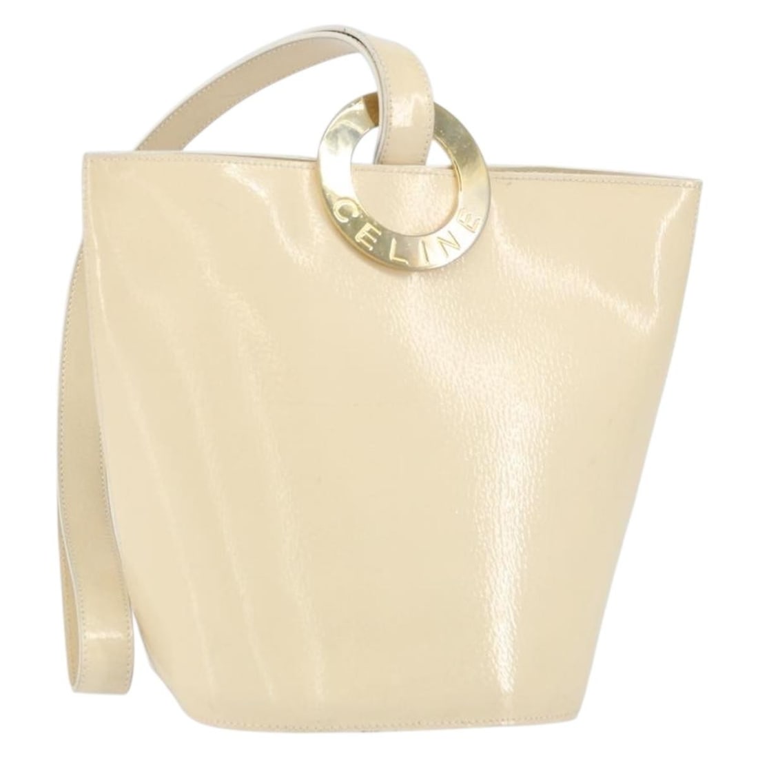Celine Beige and Gold Leather Shoulder Bag Made in Italy: Celine Beige and Gold Leather Shoulder Bag Made in Italy This CELINE shoulder bag is crafted from beige leather with gold-tone accents. Made in Italy, it features a spacious interior and a classic des