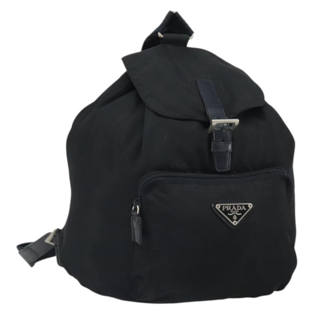 Prada Black Nylon Backpack with Silver Accents for Women: Prada Black Nylon Backpack with Silver Accents for Women This PRADA women's backpack is crafted from black nylon with silver-tone accents. Made in Italy, it features a spacious interior and a practica