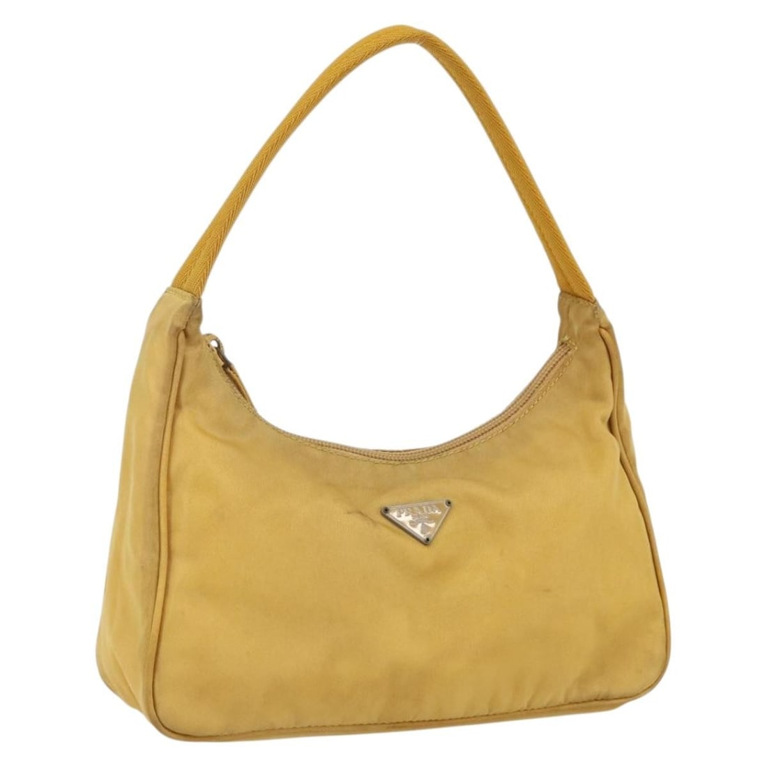 Prada Yellow Nylon Handbag with Silver Accents Italy: Prada Yellow Nylon Handbag with Silver Accents Italy This PRADA handbag is crafted from yellow and silver nylon and features a compact, structured silhouette. Made in Italy, it offers a stylish and pr