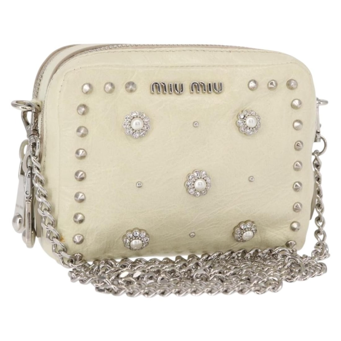 Cream Leather Miu Miu Shoulder Bag with Chain Strap and Silver Accents: Cream Leather Miu Miu Shoulder Bag with Chain Strap and Silver Accents This Miu Miu shoulder bag features a compact, structured design crafted from cream and silver leather. It includes a silver-tone 