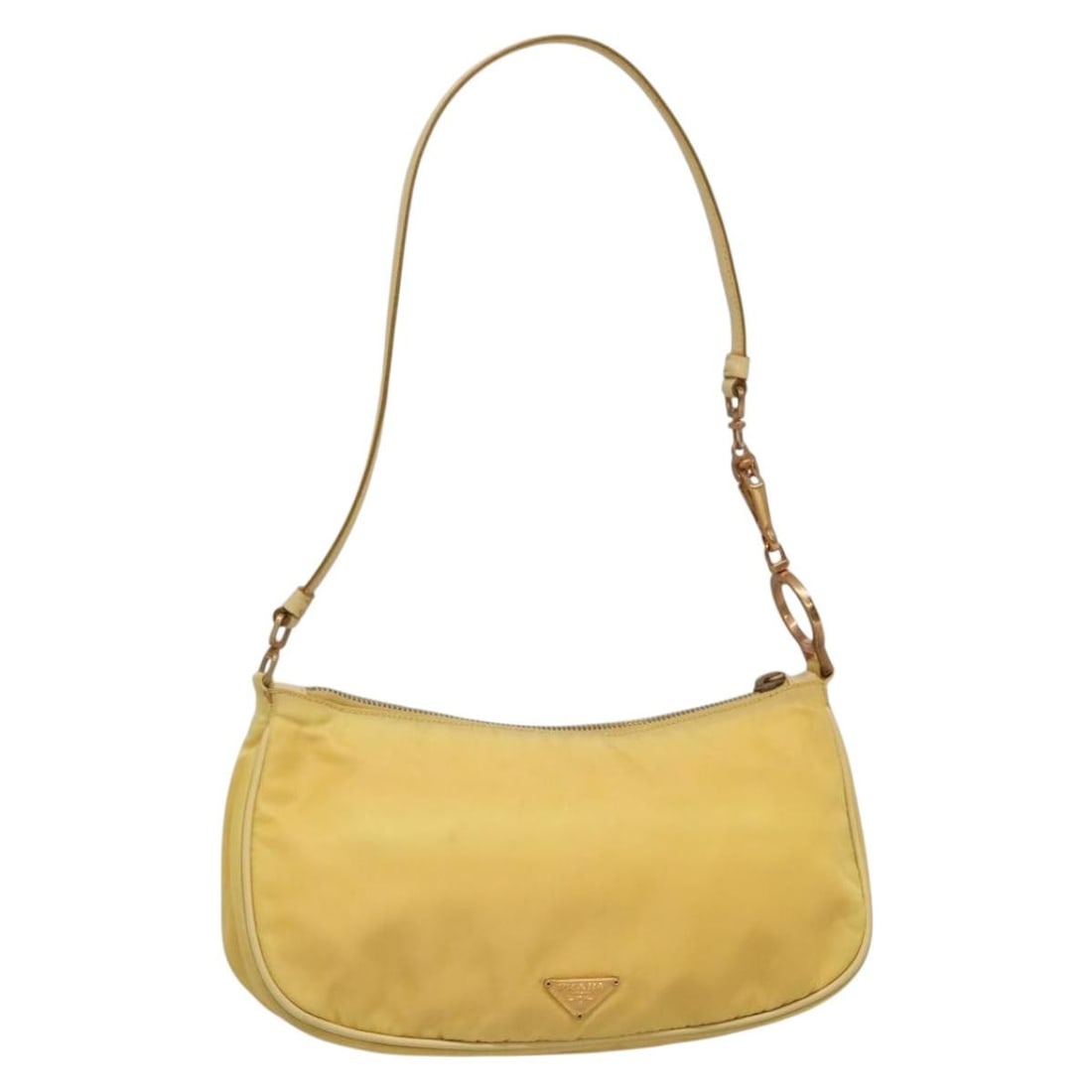 PRADA Nylon Shoulder Bag Yellow Gold Made in Italy 137446: PRADA Nylon Shoulder Bag Yellow Gold Made in Italy 137446 This PRADA shoulder bag is crafted from durable nylon in a vibrant yellow and gold color combination. With dimensions of approximately 9.8 inc