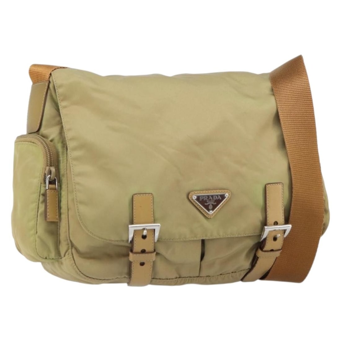 Beige Nylon PRADA Shoulder Bag Silver Hardware Italy: Beige Nylon PRADA Shoulder Bag Silver Hardware Italy This PRADA shoulder bag is crafted from beige nylon with silver-tone accents. The bag features a practical design with a spacious interior and an a