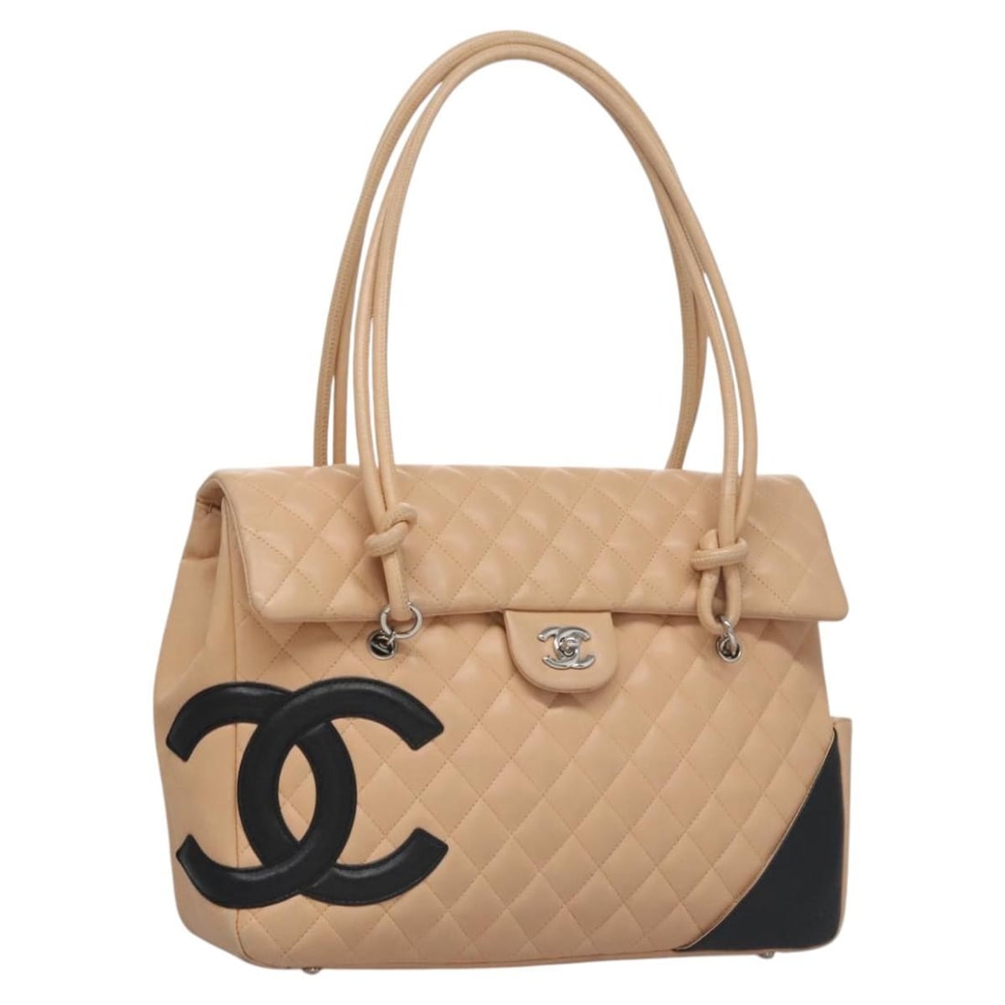 Chanel Cambon Matelasse Beige Leather Shoulder Bag with Silver CC Logo: Chanel Cambon Matelasse Beige Leather Shoulder Bag with Silver CC Logo This CHANEL Matelasse Cambon Line shoulder bag features a beige leather exterior accented with silver-tone CC detailing. Designed