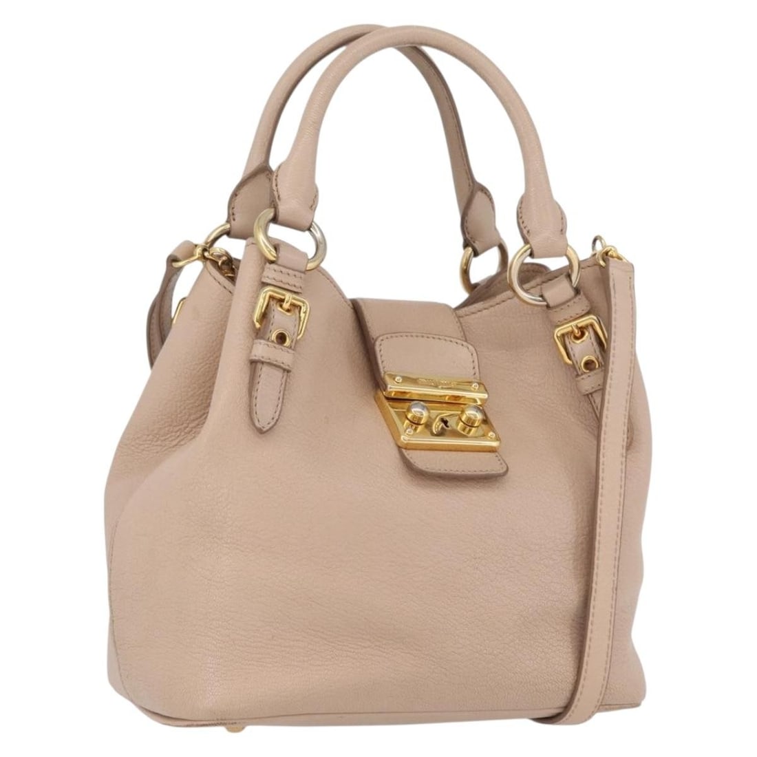 Pink and Gold Leather Miu Miu Handbag with Shoulder Strap Two Way: Pink and Gold Leather Miu Miu Handbag with Shoulder Strap Two Way This Miu Miu 2-way handbag is crafted from pink and gold leather and features both a top handle and a detachable shoulder strap for ve