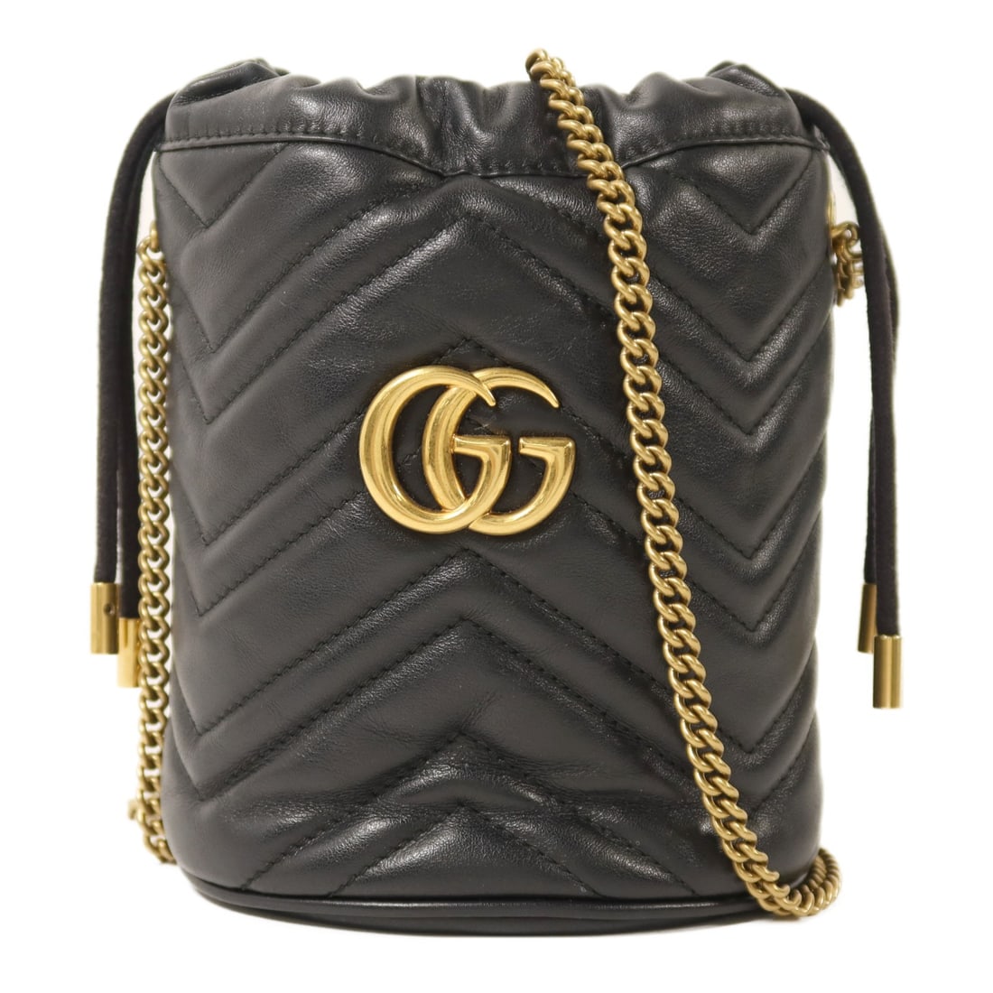 Gucci GG Marmont Black Calfskin Bucket Shoulder Bag with Chain: Gucci GG Marmont Black Calfskin Bucket Shoulder Bag with Chain This is a Gucci GG Marmont bucket chain shoulder bag crafted from black calfskin leather. The bag is designed in a regular size and featu