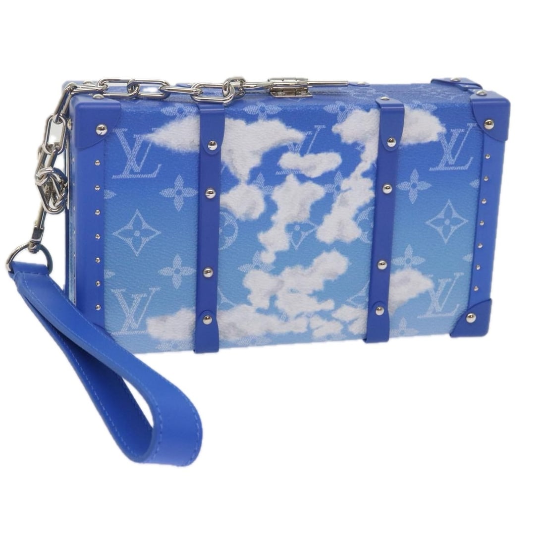 LOUIS VUITTON Monogram Clouds Clutch Bag Blue M20403 Auth: LOUIS VUITTON Monogram Clouds Clutch Bag Blue M20403 Auth This elegant Louis Vuitton Monogram Clouds Wallet Trunk Clutch Bag showcases a stunning blue and white monogram canvas exterior. Crafted in Fr