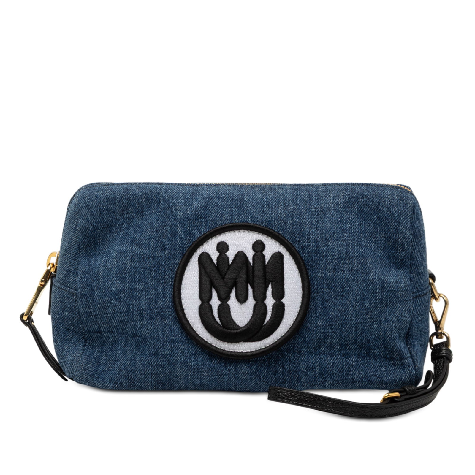 Blue Denim Wristlet Pouch with Embroidered Logo by Miu Miu: Blue Denim Wristlet Pouch with Embroidered Logo by Miu Miu This Miu Miu wristlet pouch features a blue denim body with an embroidered logo, complemented by a flat leather wrist strap and a top zip clo