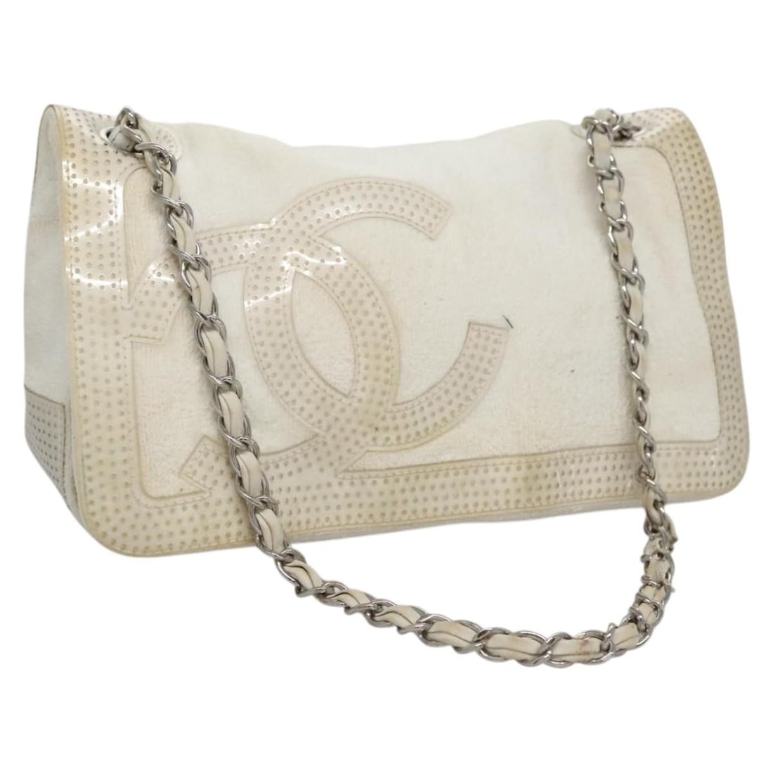 White Pile Shoulder Bag by CHANEL with Chain Strap: White Pile Shoulder Bag by CHANEL with Chain Strap This CHANEL shoulder bag features a white pile exterior with the iconic CC design. Designed for women, it is crafted in Italy and offers a soft, text