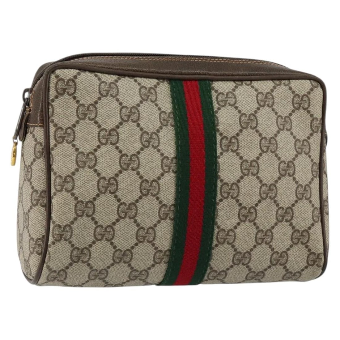 GUCCI GG Supreme Web Sherry Clutch Bag Beige PVC Auth BA7254: GUCCI GG Supreme Web Sherry Clutch Bag Beige PVC Auth BA7254 This GUCCI GG Supreme Web Sherry Line Clutch Bag is a stylish and functional accessory crafted in Italy. Made from durable PVC leather, it