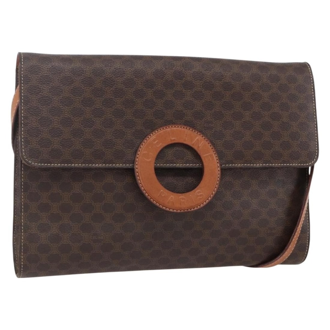 CELINE Macadam Brown Gold PVC Leather Shoulder Bag Auth 153465: CELINE Macadam Brown Gold PVC Leather Shoulder Bag Auth 153465 This CELINE Macadam Canvas Circle Shoulder Bag is a stylish accessory crafted from durable PVC leather in a rich brown color with gold ac