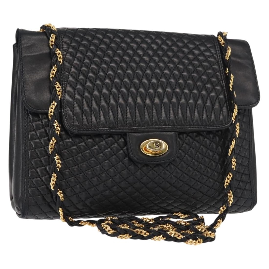 BALLY Black Gold Leather Quilted Shoulder Bag Auth Italy (1 of 18)
