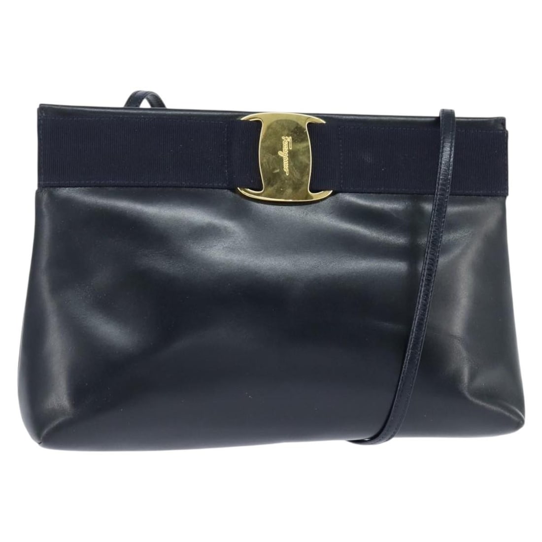 Salvatore Ferragamo Vala Navy Gold Leather Shoulder Bag Auth (1 of 18)