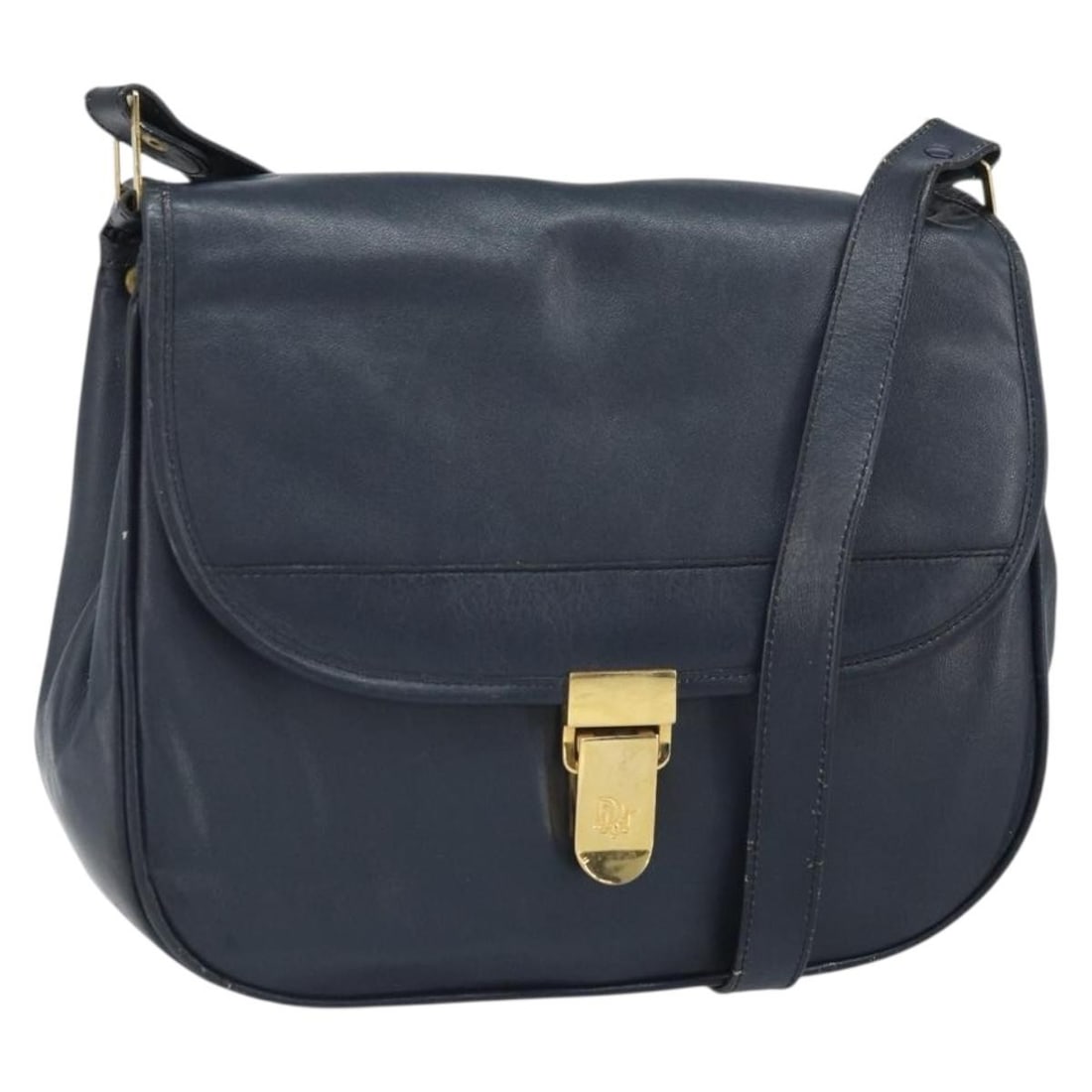 Navy Leather Christian Dior Shoulder Bag with Gold Accents: Navy Leather Christian Dior Shoulder Bag with Gold Accents This Christian Dior shoulder bag is crafted from navy leather with gold-tone accents. Designed for women, it features a structured