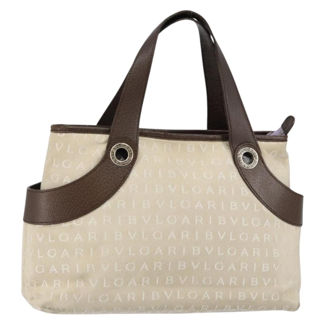BVLGARI Logo Mania Hand Bag Beige Silver Canvas Made in Italy: BVLGARI Logo Mania Hand Bag Beige Silver Canvas Made in Italy The BVLGARI Logo Mania Hand Bag is a stylish accessory crafted in Italy, featuring a chic beige and silver color scheme. Constructed from