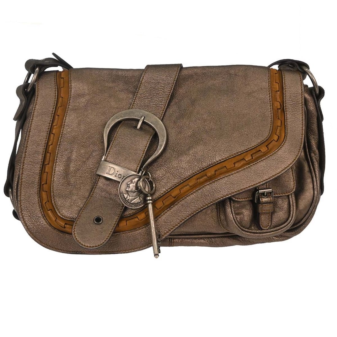 Dior Gaucho Large Bronze Leather Shoulder Bag 05-MA-0076 Italy: Dior Gaucho Large Bronze Leather Shoulder Bag 05-MA-0076 Italy This Christian Dior Metallic Bronze Gaucho Shoulder Bag features a large silhouette with a shoulder strap handle style. Crafted from leat