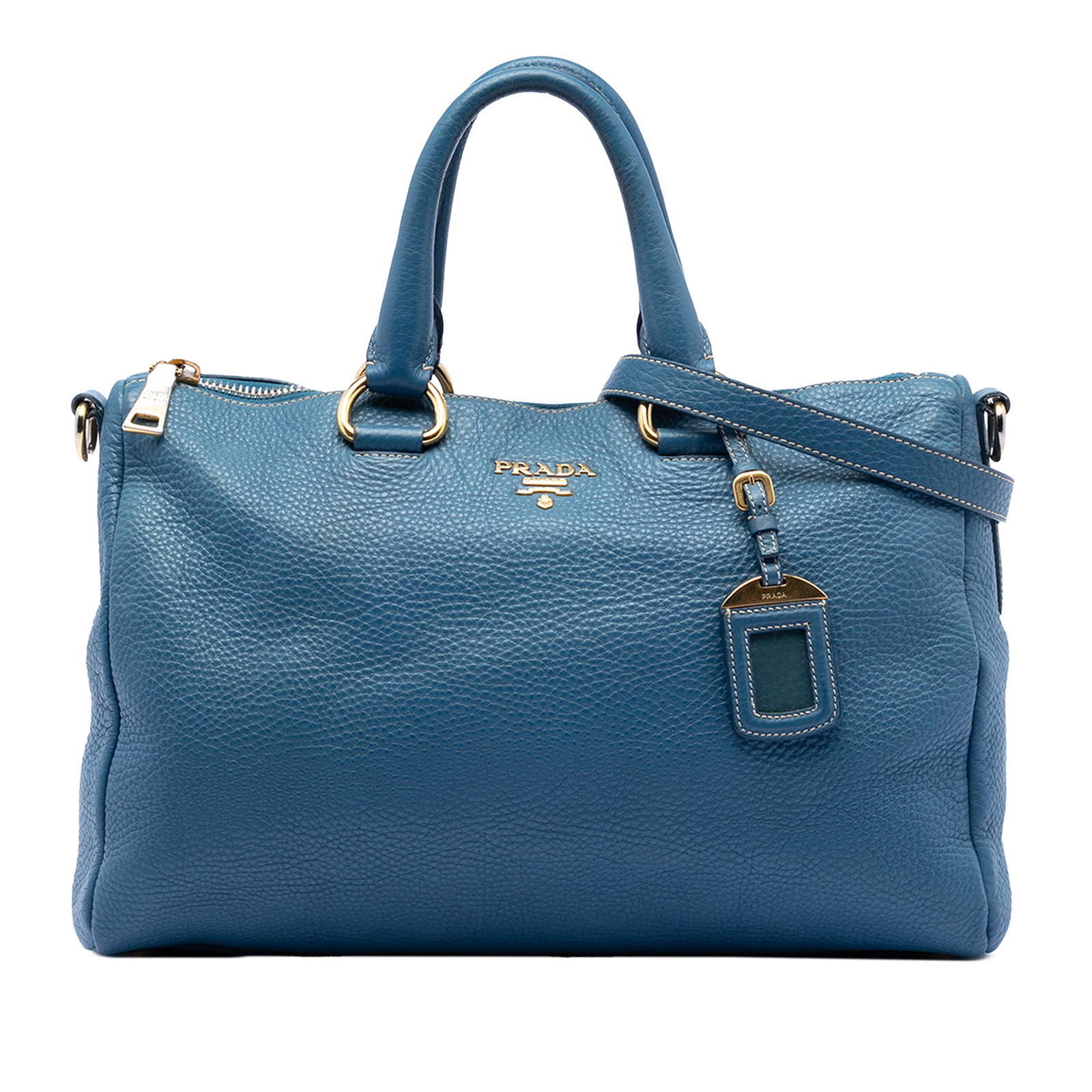 Blue Prada Vitello Daino Leather Satchel with Top Zip and Strap: Blue Prada Vitello Daino Leather Satchel with Top Zip and Strap This Prada Vitello Daino Zip Top Satchel features a blue leather body with rolled leather handles and a detachable flat leather strap. I