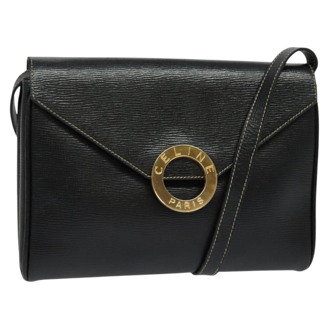 Celine Black Leather Circle Handbag with Gold Accents for Women: Celine Black Leather Circle Handbag with Gold Accents for Women This CELINE Circle hand bag features black leather with gold-tone accents. Designed for women, it is crafted in Italy and has a compact