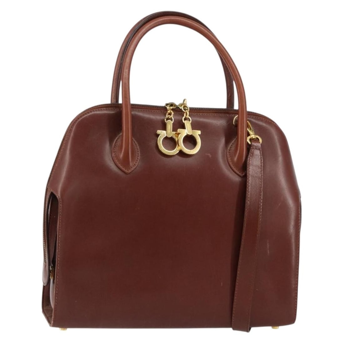 Salvatore Ferragamo Leather Hand Bag Brown Gold Auth 151957 Made in Italy (1 of 18)