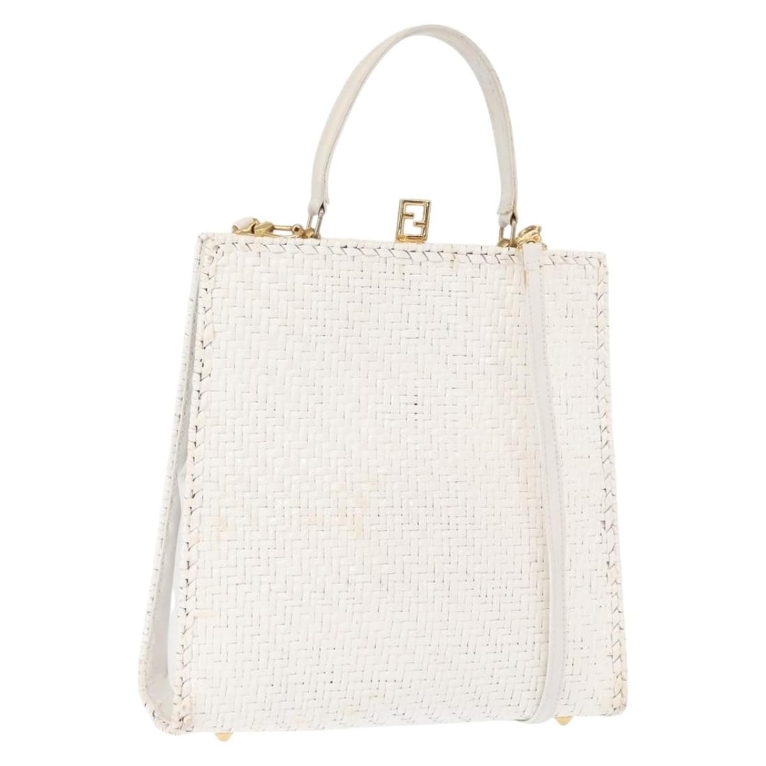 Fendi White and Gold Leather Rattan Convertible Handbag with Shoulder Strap: Fendi White and Gold Leather Rattan Convertible Handbag with Shoulder Strap This FENDI handbag features a 2-way design in white and gold leather, offering versatility with both top handles and a detac