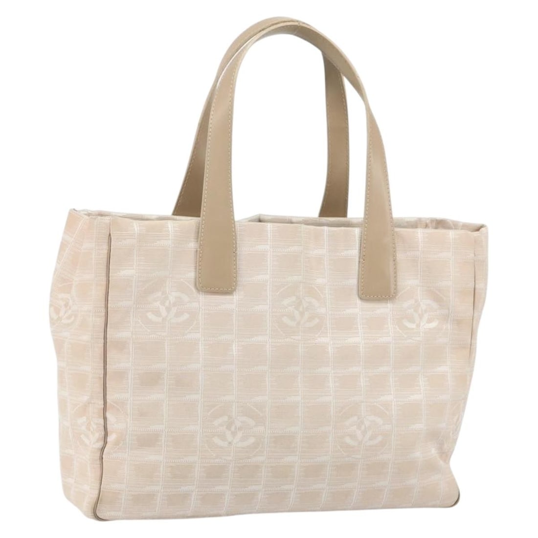 Beige and Gold Nylon Chanel New Travel Line Tote Bag: Beige and Gold Nylon Chanel New Travel Line Tote Bag This CHANEL Travel Line tote bag features beige and gold nylon exterior with gold-tone CC accents. The bag is crafted in Italy and designed with du
