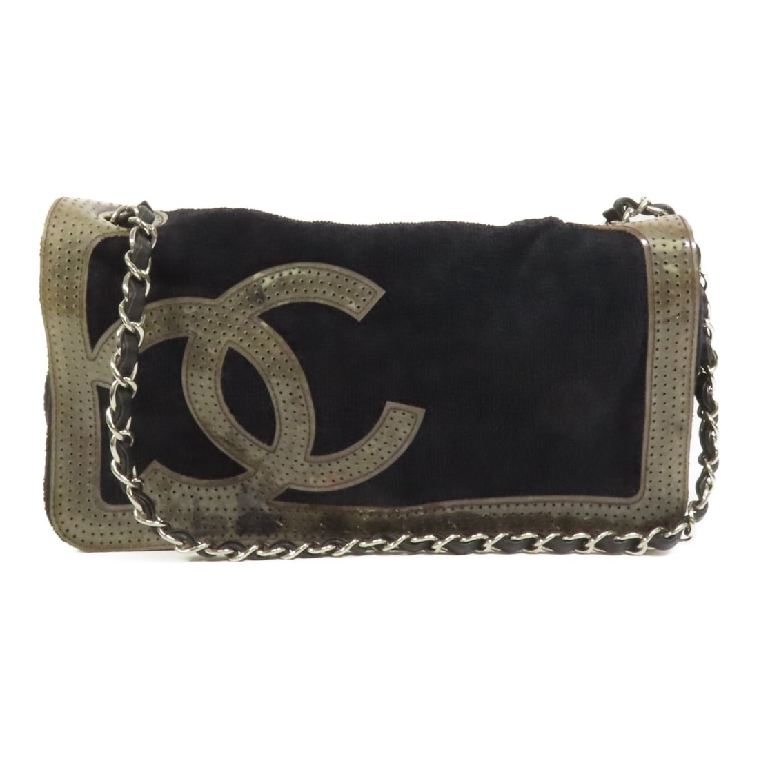 Navy Cotton Shoulder Bag by CHANEL with Silver Tone CC Logo Chain: Navy Cotton Shoulder Bag by CHANEL with Silver Tone CC Logo Chain This CHANEL shoulder bag features a classic design crafted from navy cotton, offering both style and versatility. Made in France, this