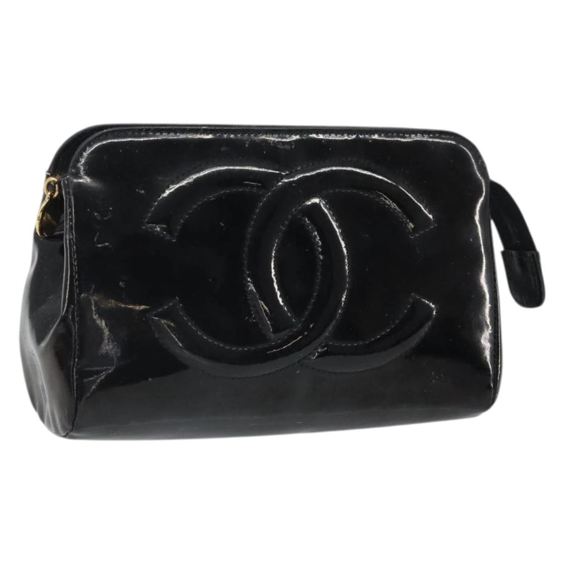 Black Patent Leather Chanel Pouch with Gold Tone CC and Guarantee Card: Black Patent Leather Chanel Pouch with Gold Tone CC and Guarantee Card This CHANEL pouch features a black and gold patent leather exterior with the iconic CC detail. Designed for women, it includes a