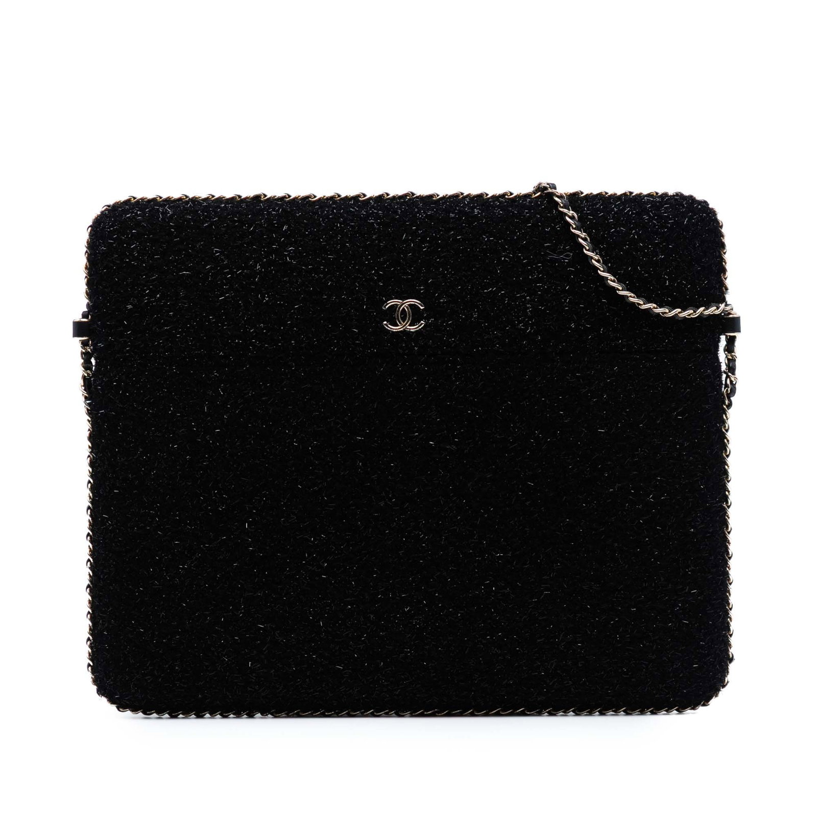 Chanel CC Tweed Chain Around Tablet Holder Crossbody Black: Chanel CC Tweed Chain Around Tablet Holder Crossbody Black Introducing the Chanel CC Tweed Chain Around Tablet Holder Crossbody, a chic and stylish accessory crafted from a durable tweed fabric. This