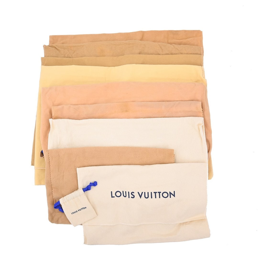 Set of 10 Louis Vuitton Brown Beige Cotton Dustbags: Set of 10 Louis Vuitton Brown Beige Cotton Dustbags This set includes ten Louis Vuitton dust bags crafted from 100% cotton in brown and beige tones. Designed for unisex use, these dust bags offer prot
