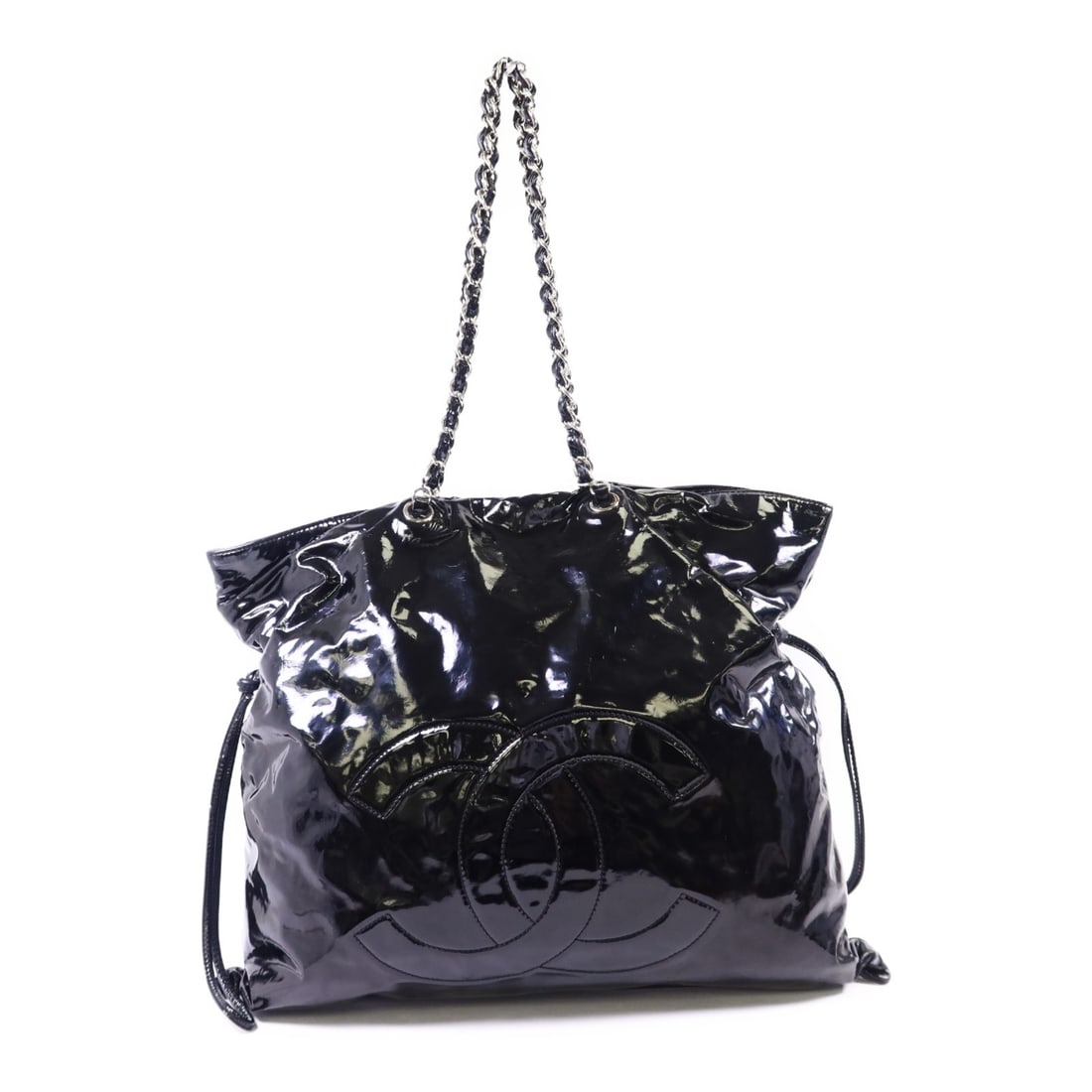 Chanel Black Patent Leather Shoulder Bag with Silver Tone CC Chain: Chanel Black Patent Leather Shoulder Bag with Silver Tone CC Chain This CHANEL shoulder bag features black patent leather with a sleek CC design and silver-tone hardware. Made in France, it offers a s