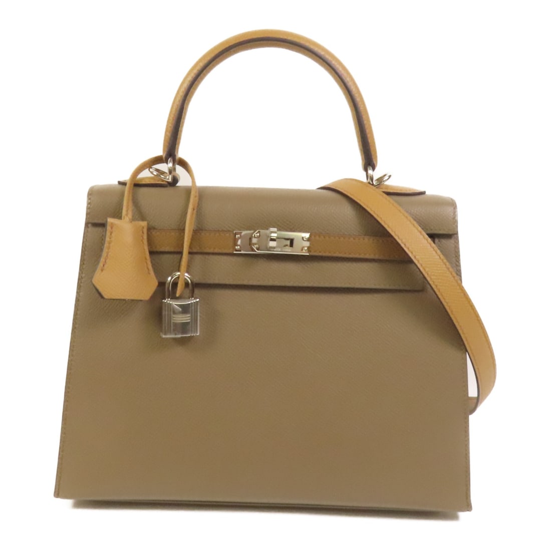 Hermes Kelly 25 Epsom Leather Etoupe Gray Shoulder and Handbag Palladium: Hermes Kelly 25 Epsom Leather Etoupe Gray Shoulder and Handbag Palladium This Hermes Kelly 25 2way shoulder bag is crafted from Epsom calfskin leather in an elegant gray (Etoupe) color. Designed for v