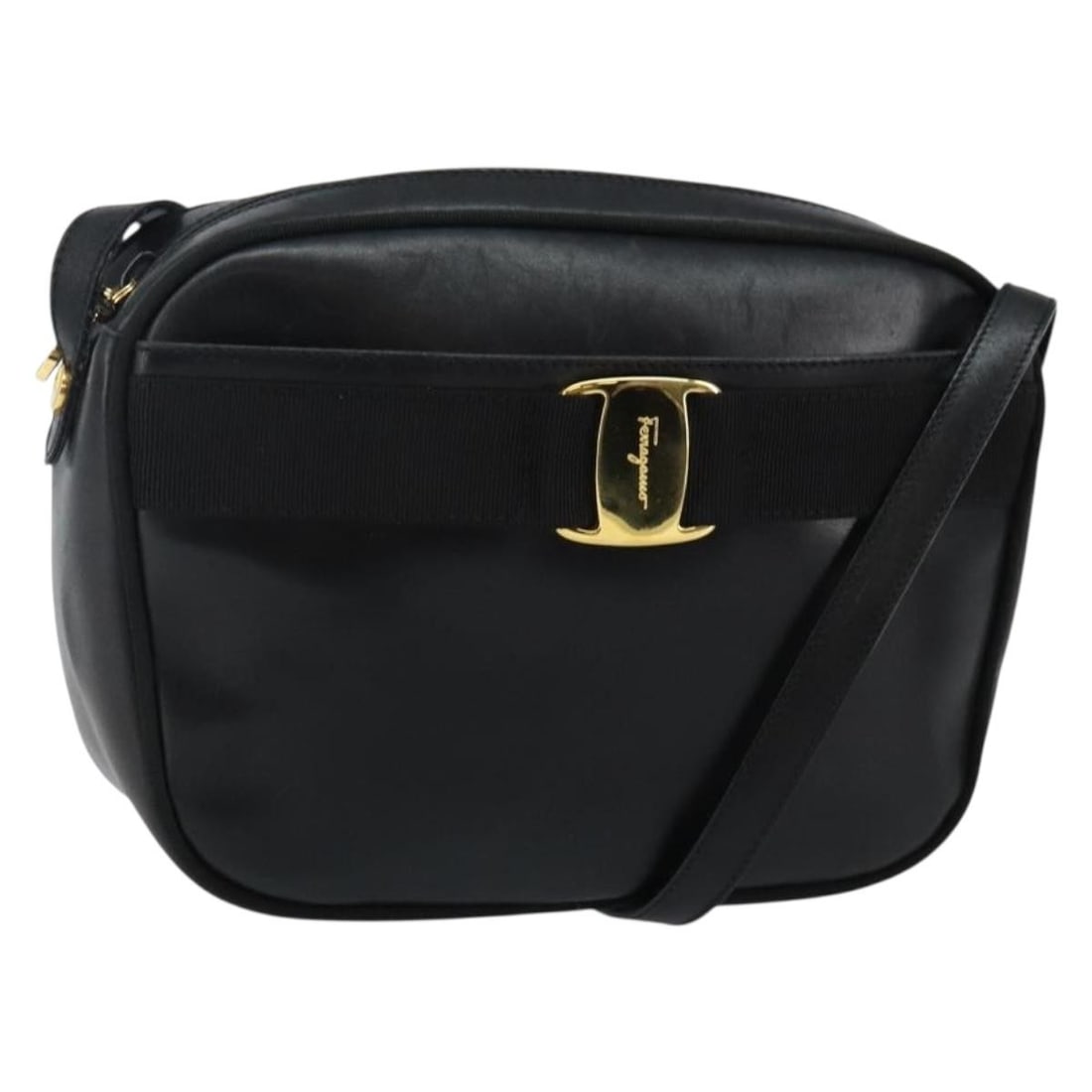 Salvatore Ferragamo Vala Black Gold Leather Shoulder Bag Auth BA5962 (1 of 18)