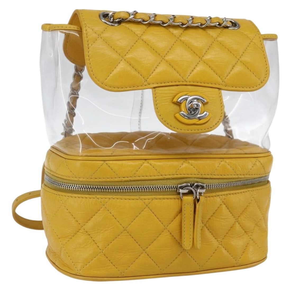 CHANEL Yellow Matelasse Leather Aquarium Chain Backpack for Women: CHANEL Yellow Matelasse Leather Aquarium Chain Backpack for Women This CHANEL Matelasse Chain Aquarium Backpack features yellow leather and vinyl with silver-tone accents. Designed for women, it showc