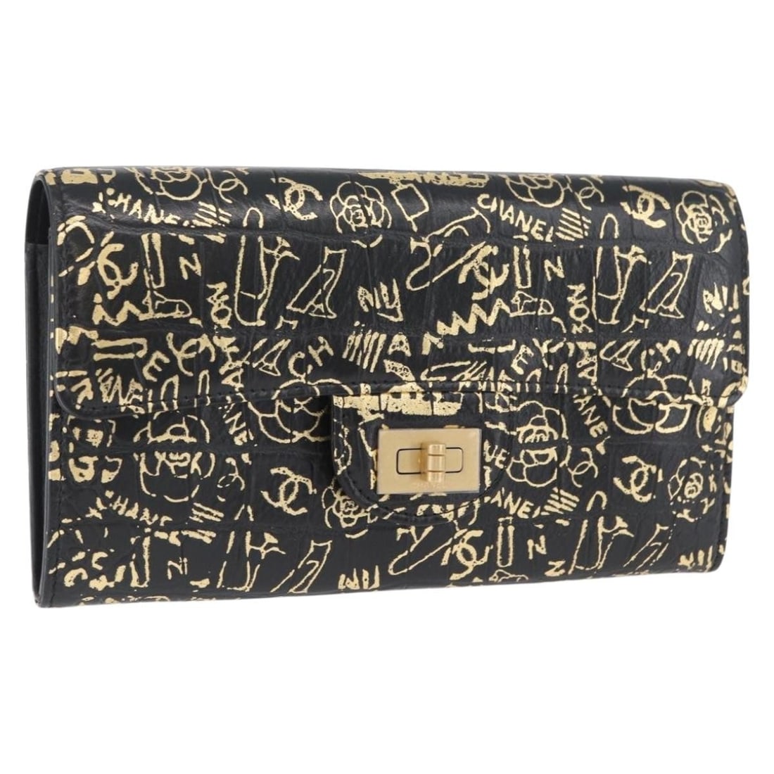 Chanel 2.55 Black Croco Embossed Leather Long Wallet with Gold CC Logo: Chanel 2.55 Black Croco Embossed Leather Long Wallet with Gold CC Logo This CHANEL 2.55 long wallet features a croco-embossed black leather exterior with gold-tone CC logo accents. Designed for women,