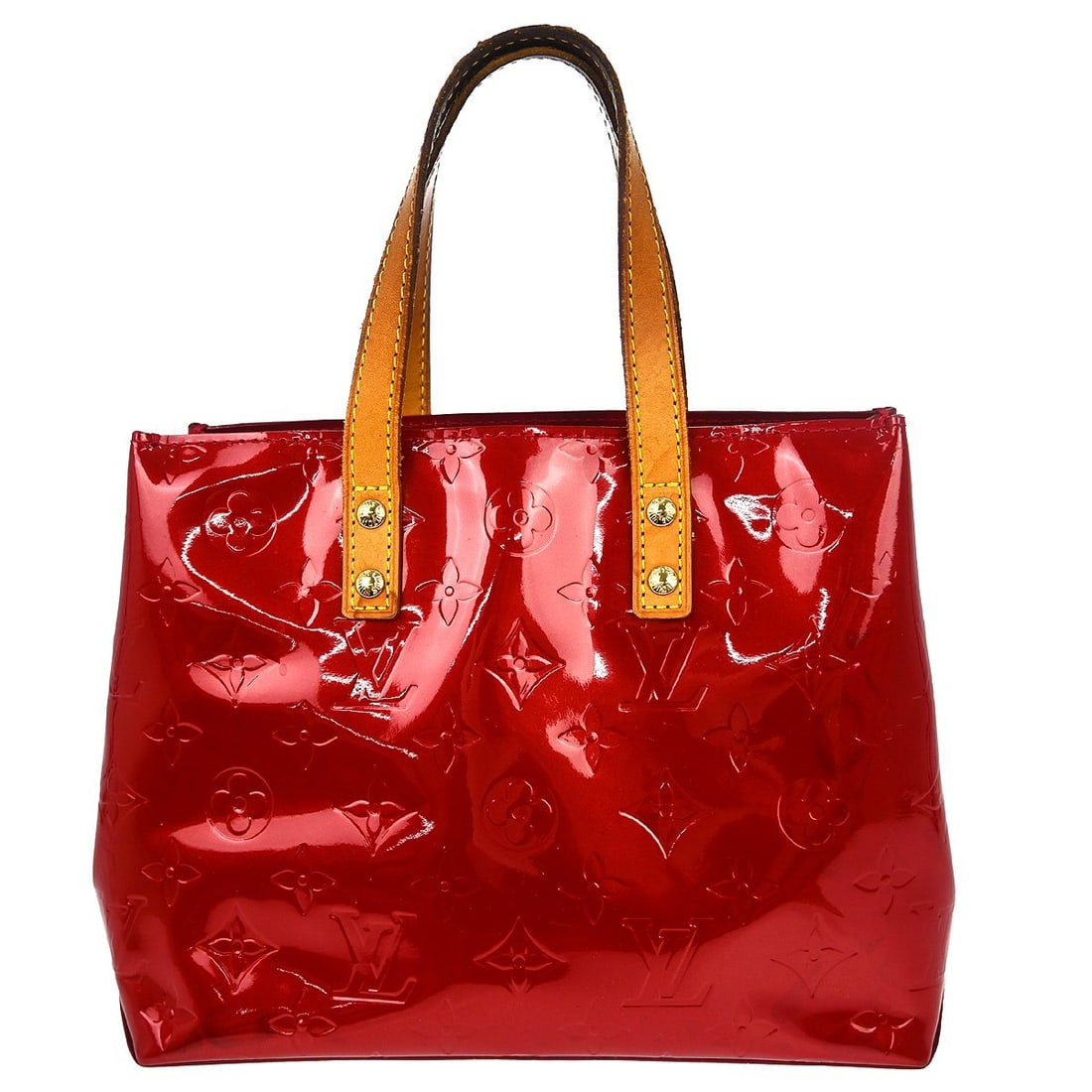 Louis Vuitton Monogram Vernis Red Patent Leather Reade PM Tote Bag M91088: Louis Vuitton Monogram Vernis Red Patent Leather Reade PM Tote Bag M91088 This Louis Vuitton Red Vernis Reade PM Tote Handbag features a monogram pattern on patent leather, accented with the brand's s